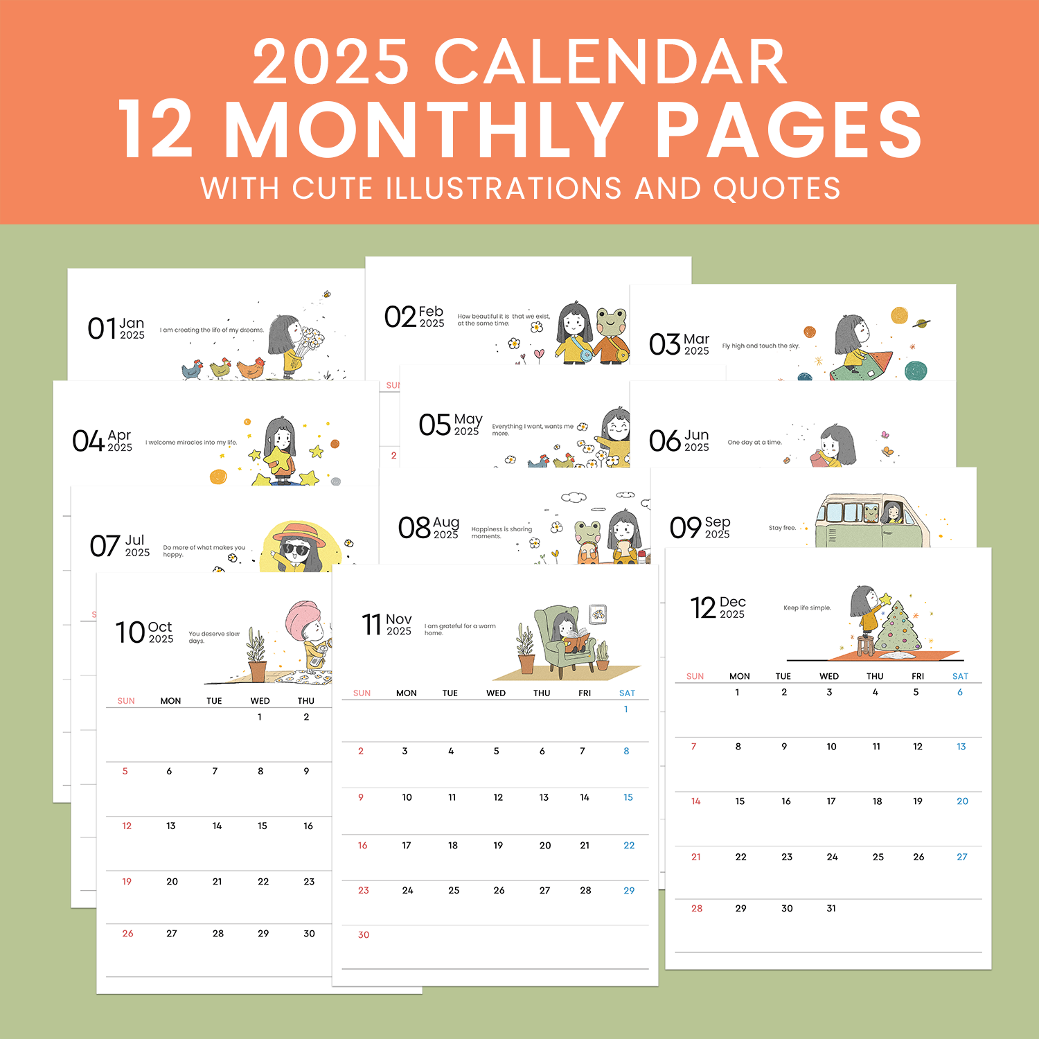 2025 Calendar Printable - Cute Minimal Planner with Illustration and Quotes - Image 2